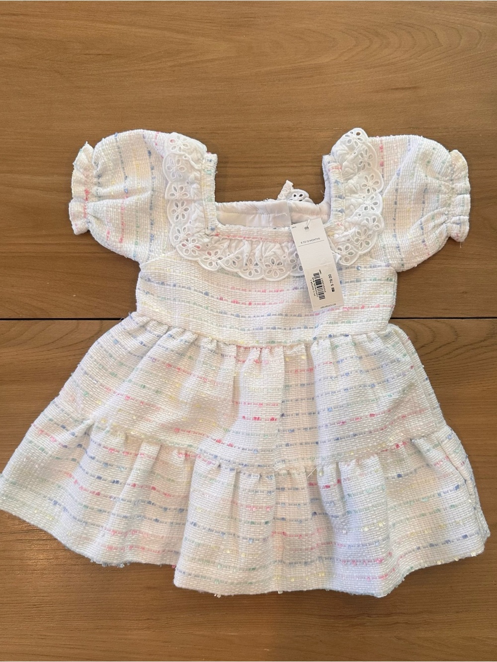 NWT Janie and Jack Girls Tweed Eyelet Trim Dress White Pastel Speckle Size 6-12M